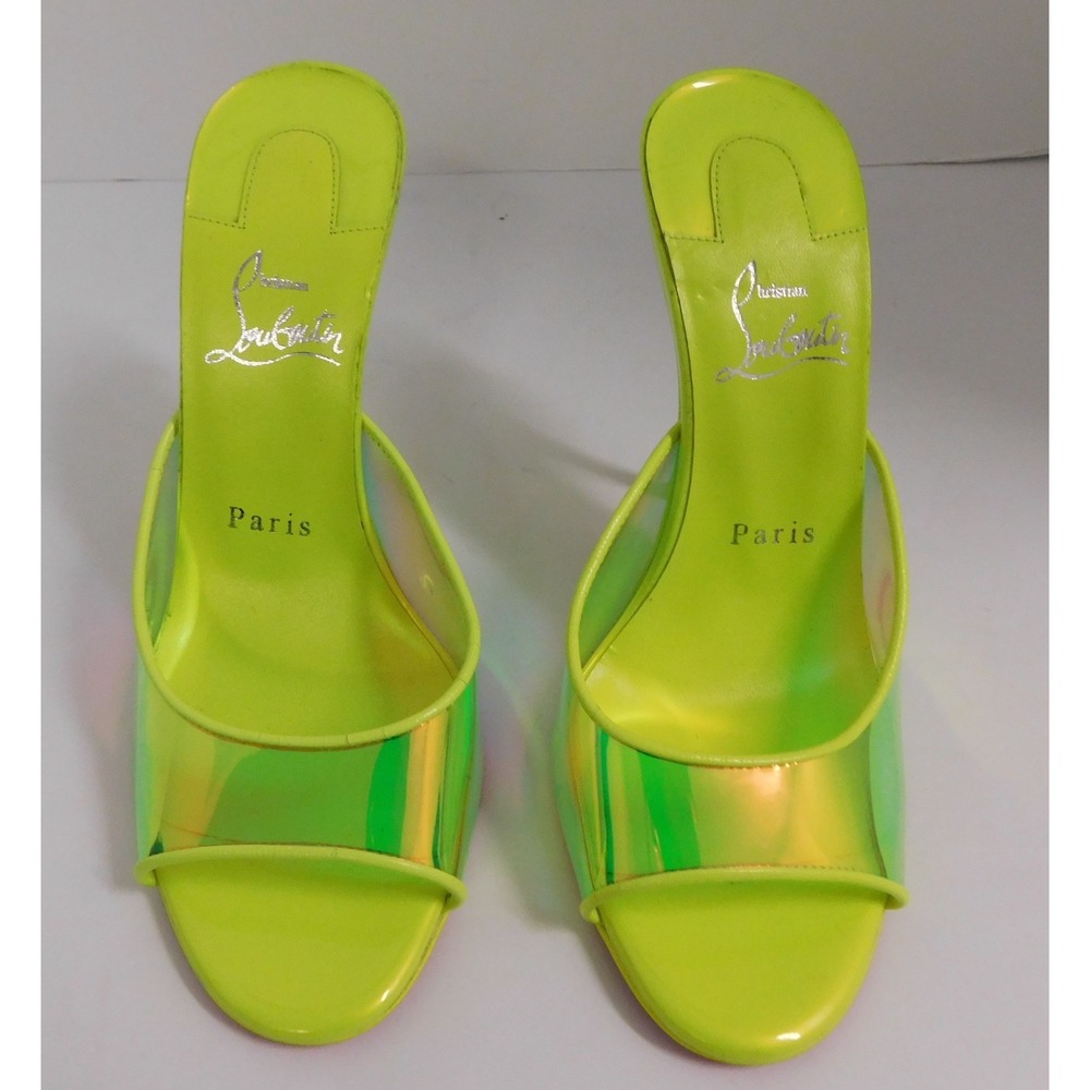 Christian Louboutin JUST ARCH 100‎ Clear Heels Mule Sandals Volt Green 37 7 NEW